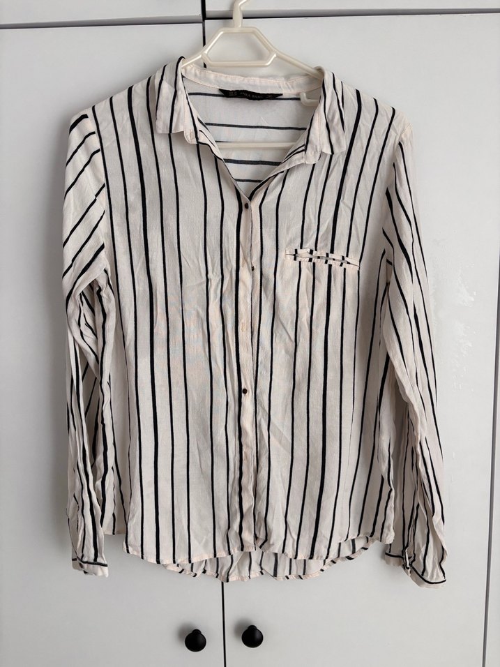 Zara Çizgili Beyaz Gri Keten Gömlek - Görsel 2