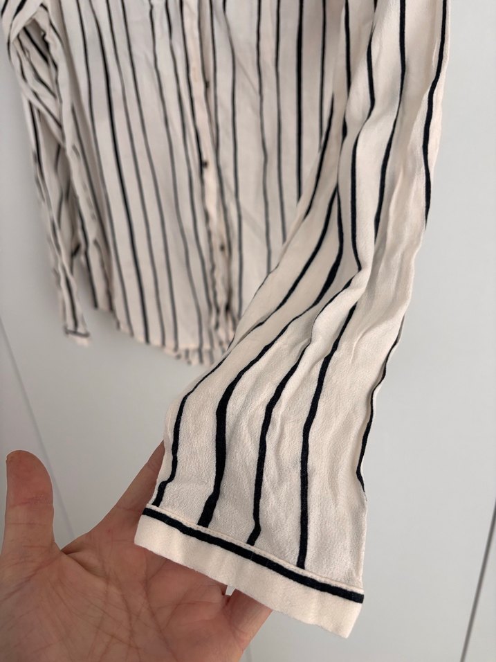 Zara Çizgili Beyaz Gri Keten Gömlek - Görsel 3