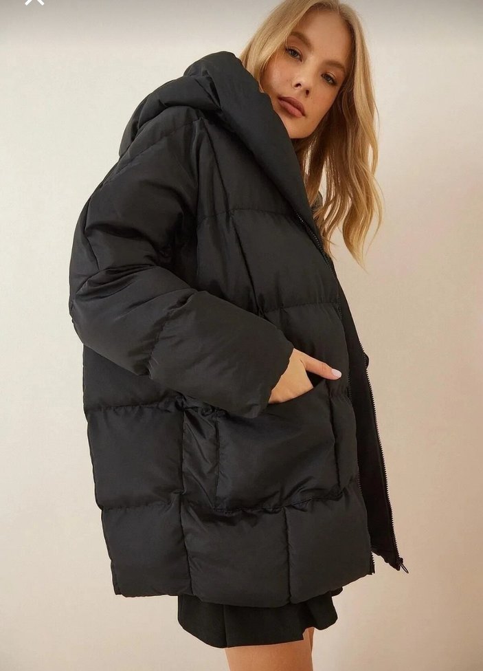 Siyah Oversize Şişme Kadın Mont - Görsel 2