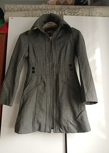 Kapüşonlu Gri Kadın Kaban - Görsel 8