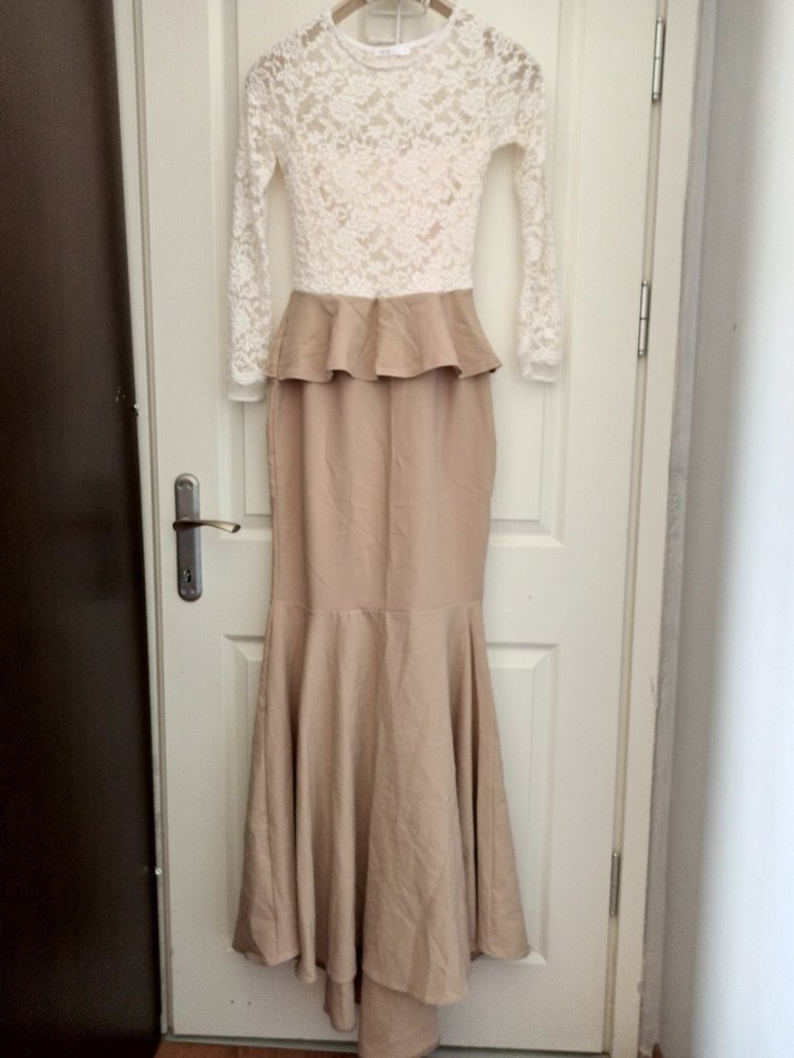 Bej Dantel Detaylı Uzun Abiye Elbise - Görsel 3