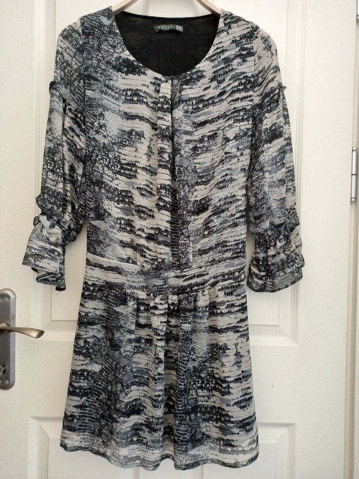 Gri Batik Desenli Uzun Kollu Midi Elbise - Görsel 2