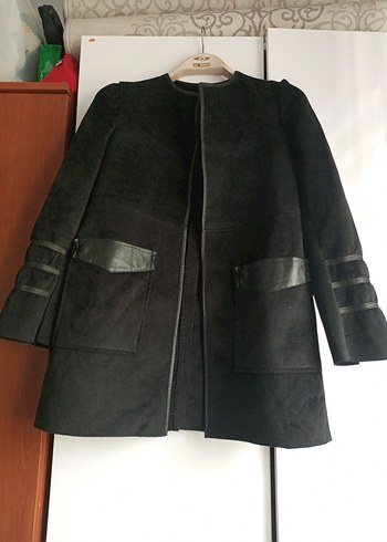 Siyah Süet Kadın Kısa Kürklü Kaban ceket - Görsel 2