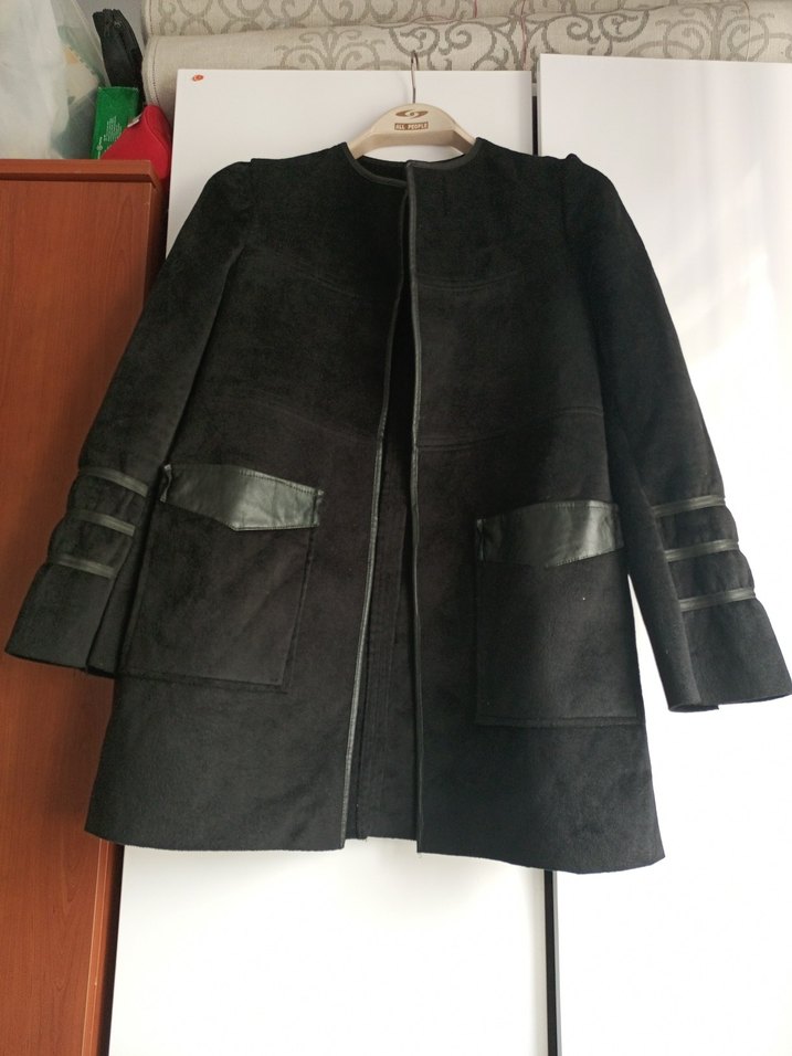 Siyah Süet Kadın Kısa Kürklü Kaban ceket - Görsel 2