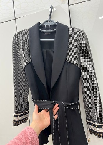 Kemerli Kadın Gri Desenli Uzun Ceket - Görsel 5