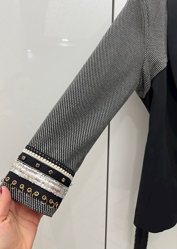 Kemerli Kadın Gri Desenli Uzun Ceket - Görsel 7