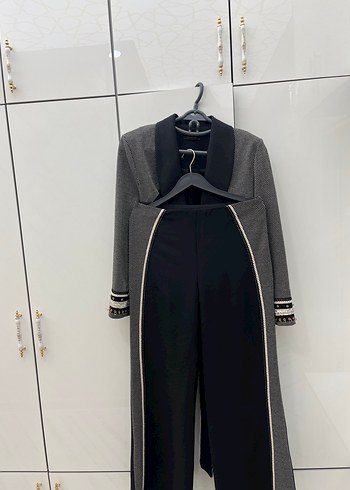 Kemerli Kadın Gri Desenli Uzun Ceket - Görsel 4