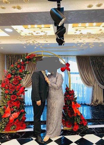 Uzun Gri Bohem Etnik Desenli Abiye Elbise - Görsel 3