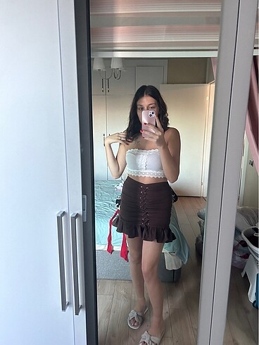 Zara Kahverengi fırfır detay quzu etek