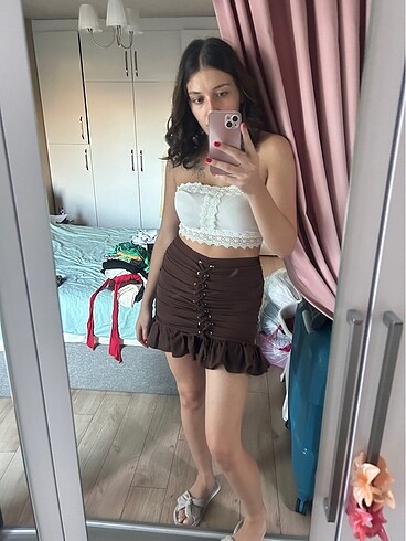 s Beden kahverengi Renk Kahverengi fırfır detay quzu etek
