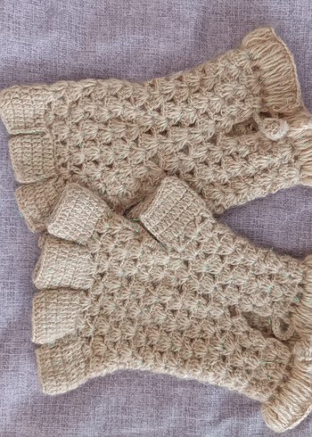 Bej El Örgüsü Parmaksız Kadın Eldiveni - Görsel 2