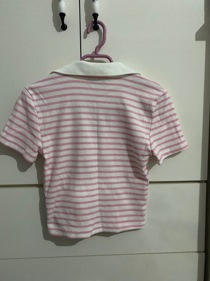 Pembe Çizgili Polo Tişört - Görsel 3