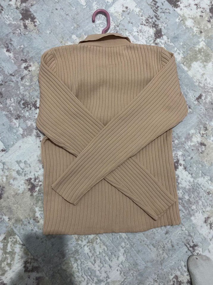 Bej Kadın İnce Triko Uzun Kollu Polo Yaka Bluz - Görsel 2