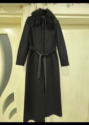 Kuşaklı Siyah Uzun Kaban - Görsel 2