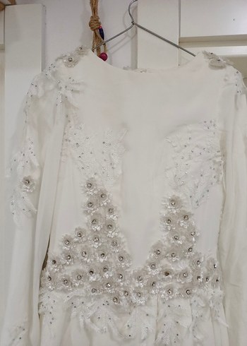 Uzun Kollu Vintage A Kesim Beyaz Gelinlik - Görsel 4