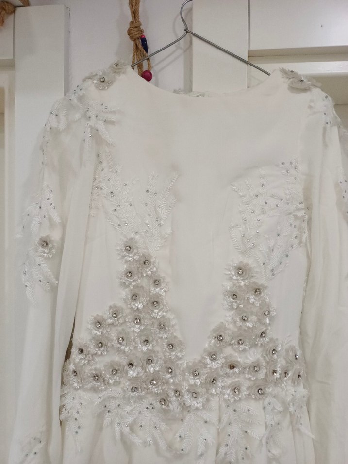 Uzun Kollu Vintage A Kesim Beyaz Gelinlik - Görsel 4