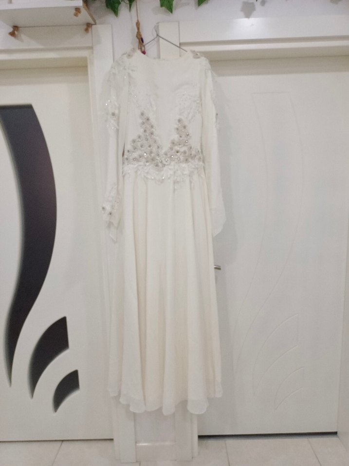 Uzun Kollu Vintage A Kesim Beyaz Gelinlik - Görsel 3