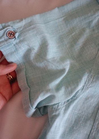 Turkuaz Kısa Kollu Keten Erkek Gömlek - Görsel 2