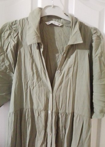 Bej Keten Uzun Elbise, Kısa Kollu, Salaş Kesim - Görsel 3