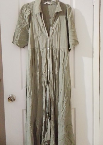 Bej Keten Uzun Elbise, Kısa Kollu, Salaş Kesim - Görsel 2