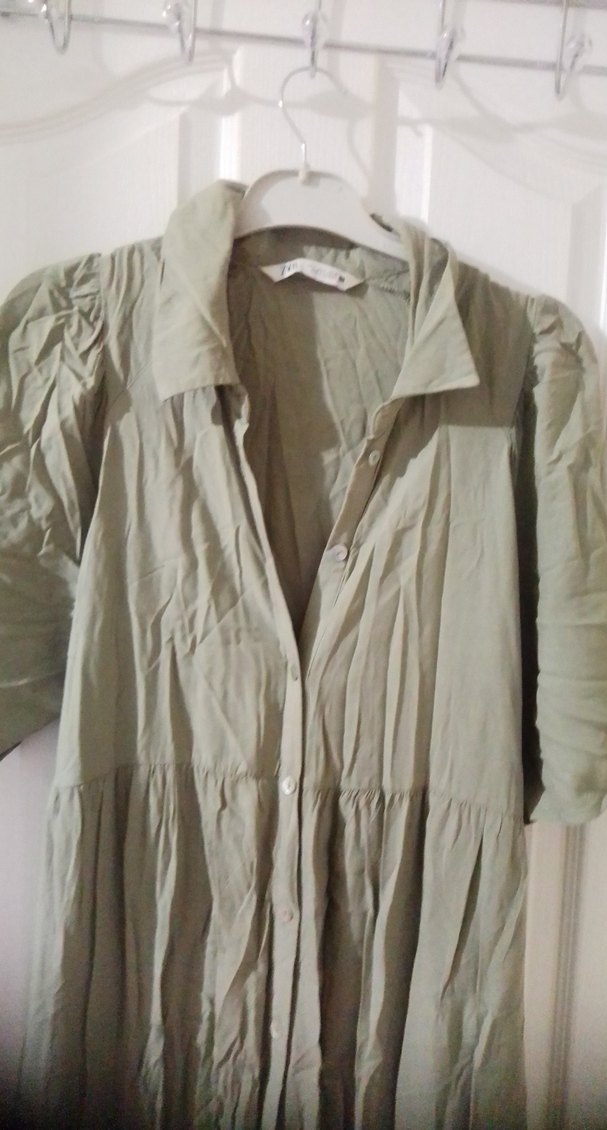 Bej Keten Uzun Elbise, Kısa Kollu, Salaş Kesim - Görsel 3