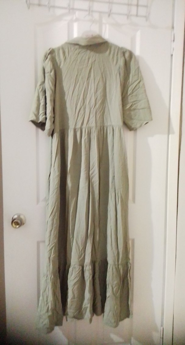 Bej Keten Uzun Elbise, Kısa Kollu, Salaş Kesim - Görsel 5