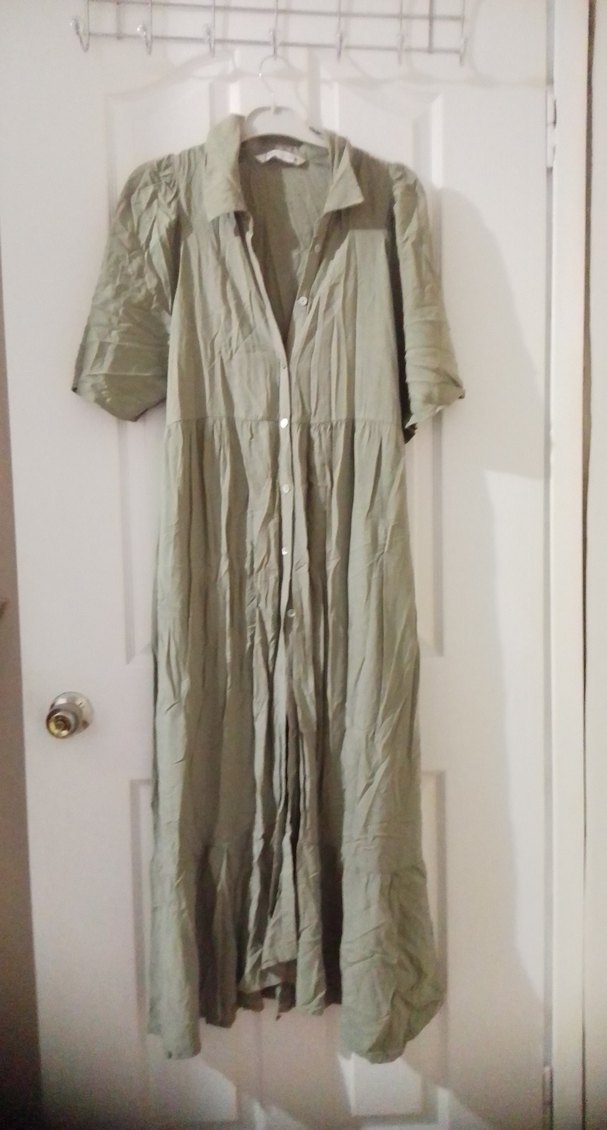 Bej Keten Uzun Elbise, Kısa Kollu, Salaş Kesim - Görsel 2