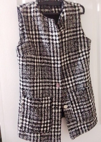 Düğmeli Gri Ekose Midi Kadın Yelek - Görsel 4