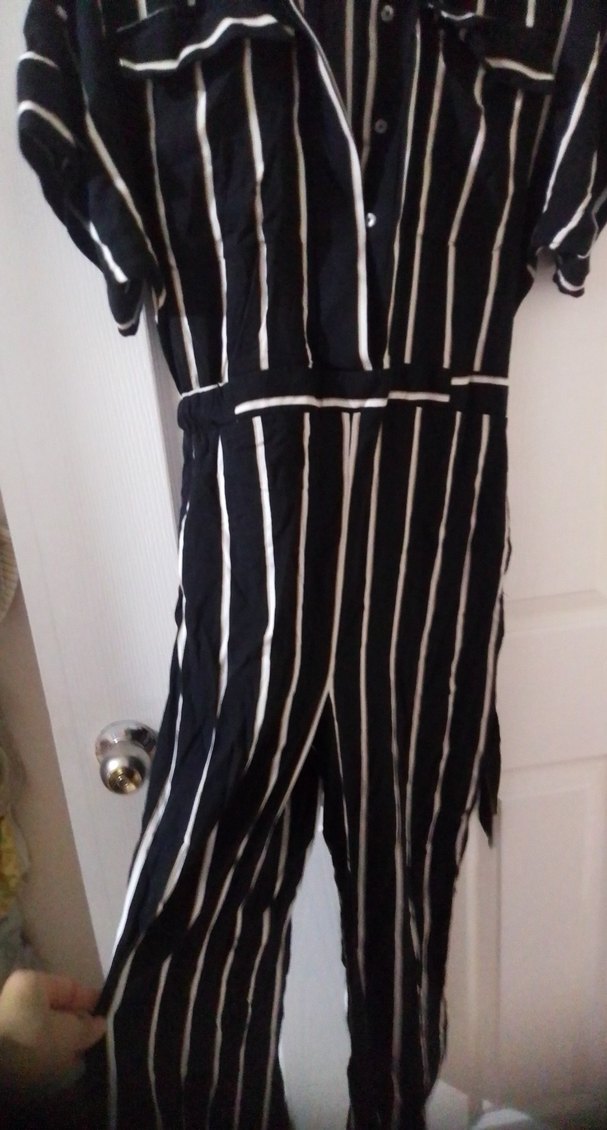 Kadın Siyah Beyaz Çizgili Tulum - Görsel 3