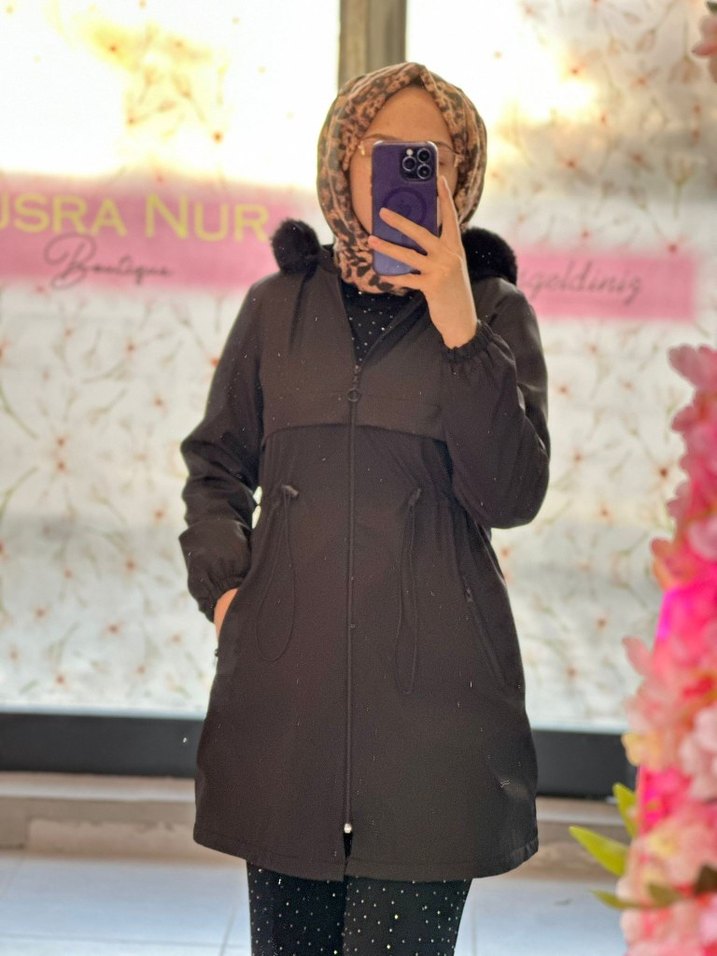 Siyah Uzun Kadın Kürklü, mont - Görsel 2