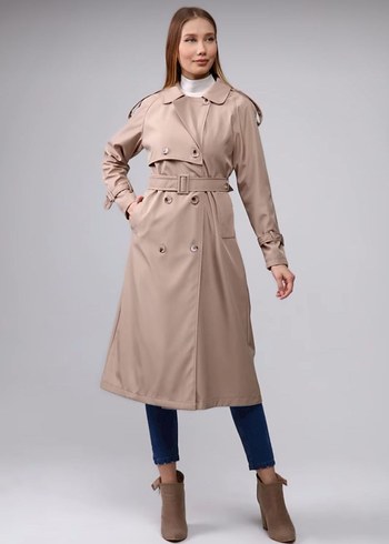 Kadın Bej Uzun Trençkot Kemerli - Görsel 6