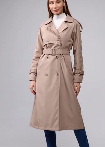 Kadın Bej Uzun Trençkot Kemerli - Görsel 3