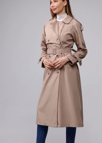 Kadın Bej Uzun Trençkot Kemerli - Görsel 4