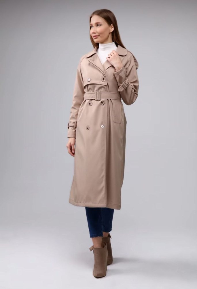 Kadın Bej Uzun Trençkot Kemerli - Görsel 2