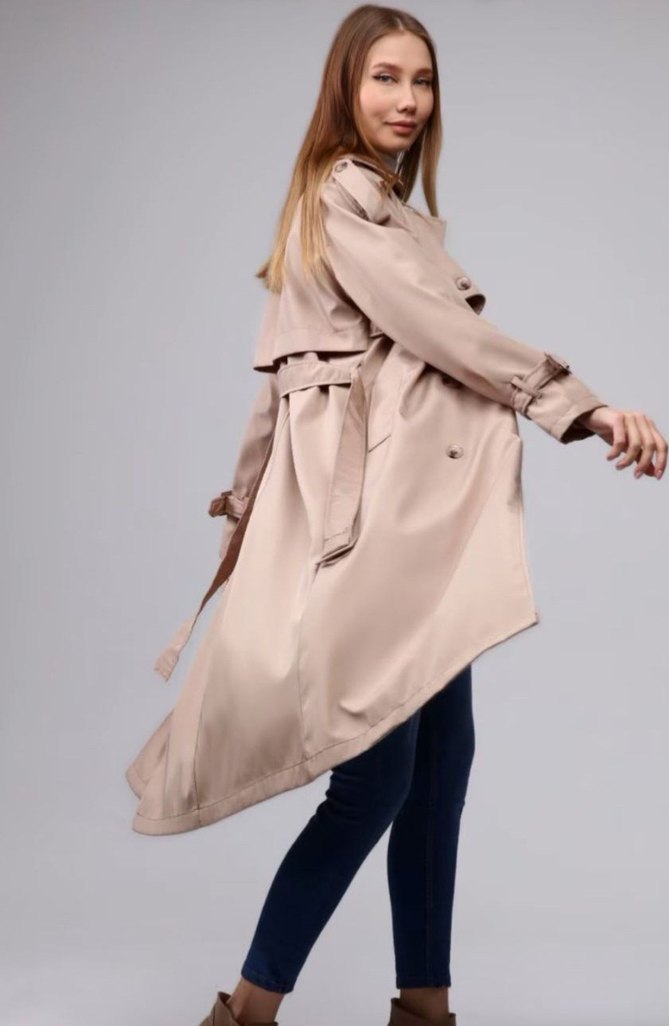 Kadın Bej Uzun Trençkot Kemerli - Görsel 5
