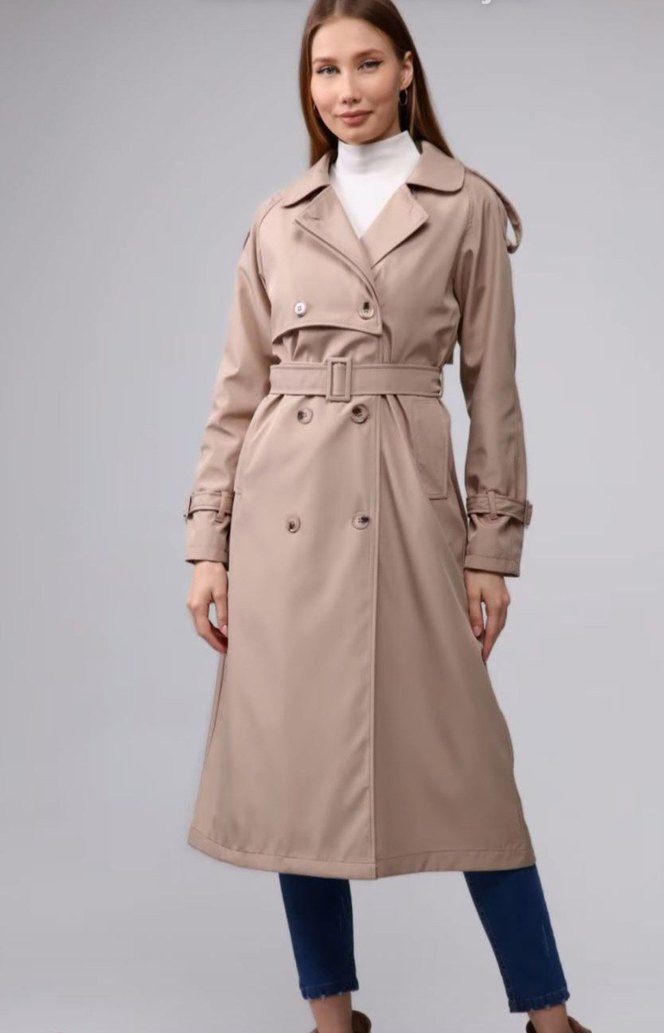 Kadın Bej Uzun Trençkot Kemerli - Görsel 3
