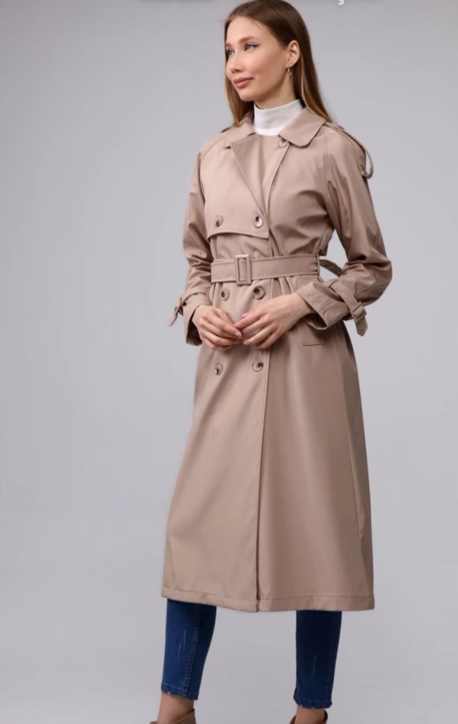 Kadın Bej Uzun Trençkot Kemerli - Görsel 4
