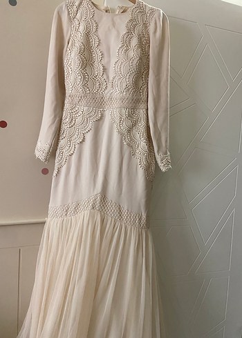 Dantel Detaylı Vintage Bej Uzun Abiye Elbise - Görsel 2