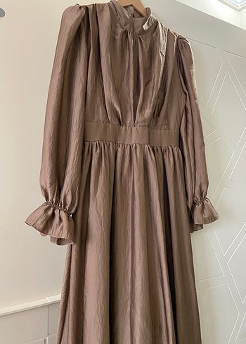 Bej Uzun Keten Kadın Elbise - Görsel 3