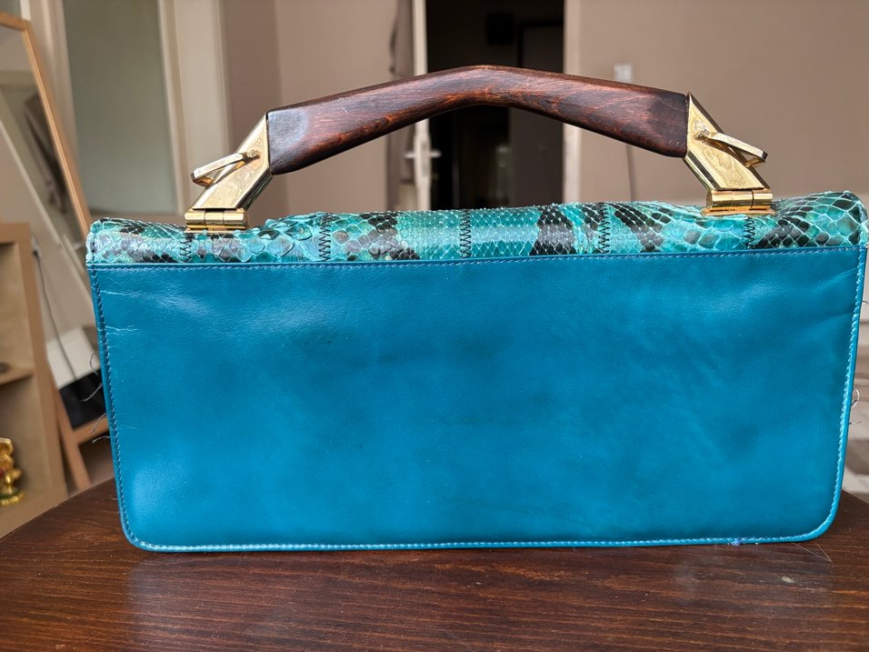 Zincir Detaylı Turkuaz Yılan Derisi Kadın Çanta - Görsel 3