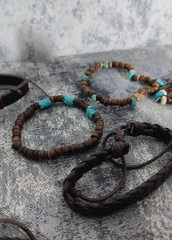 Boho deri unisex 10 adet Kahverengi Bileklik - Görsel 3