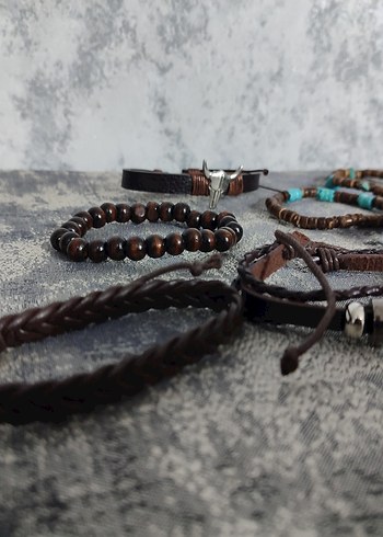 Boho deri unisex 10 adet Kahverengi Bileklik - Görsel 5