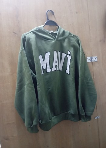 Beyaz Kapüşonlu Mavi Baskılı Sweatshirt 2 İplik - Görsel 3