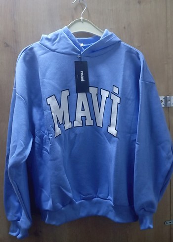 Beyaz Kapüşonlu Mavi Baskılı Sweatshirt 2 İplik - Görsel 4