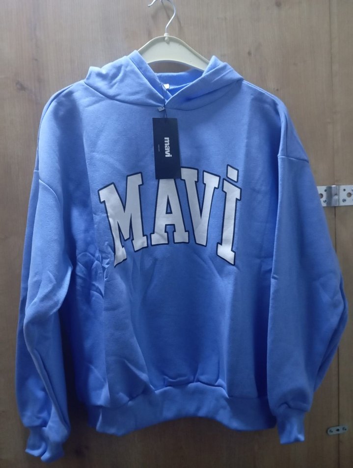 Beyaz Kapüşonlu Mavi Baskılı Sweatshirt 2 İplik - Görsel 4