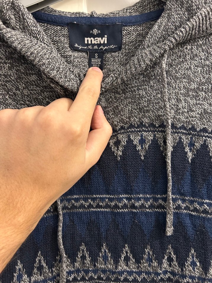 Mavi marka Gri Kapüşonlu Desenli Erkek Triko Kazak - Görsel 3