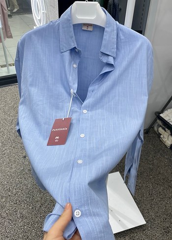 Mavi Keten Düğmeli Uzun Kollu erkek Gömlek - Görsel 2