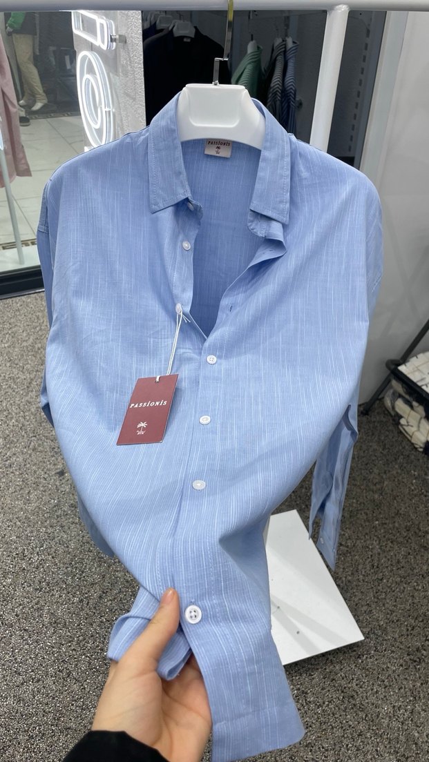 Mavi Keten Düğmeli Uzun Kollu erkek Gömlek - Görsel 2