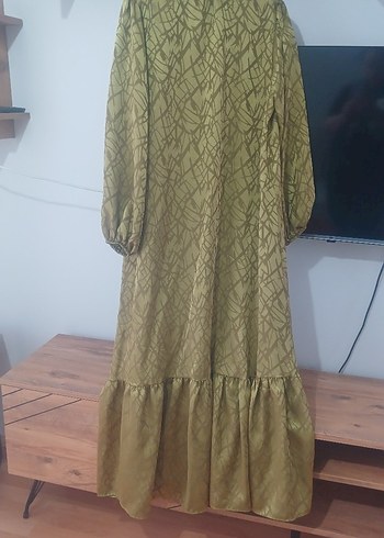 Drapeli Yağ Yeşili  Uzun Bohem Elbise - Görsel 3