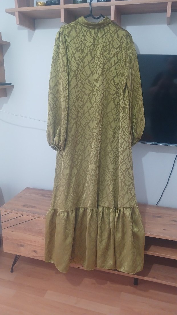 Drapeli Yağ Yeşili  Uzun Bohem Elbise - Görsel 3